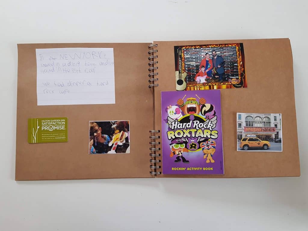 Holiday Scrapbook with hotel keys, photos, and handwritten note