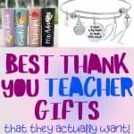 Compilation of the best thank you teacher gifts including a 'Best Teacher Ever' sign, personalized name tumblers, a charm bracelet with the quote 'It takes a big heart to teach little minds,' engraved bookmarks with inspirational quotes, and a gift set with a mug and spoon, perfect for showing appreciation to teachers