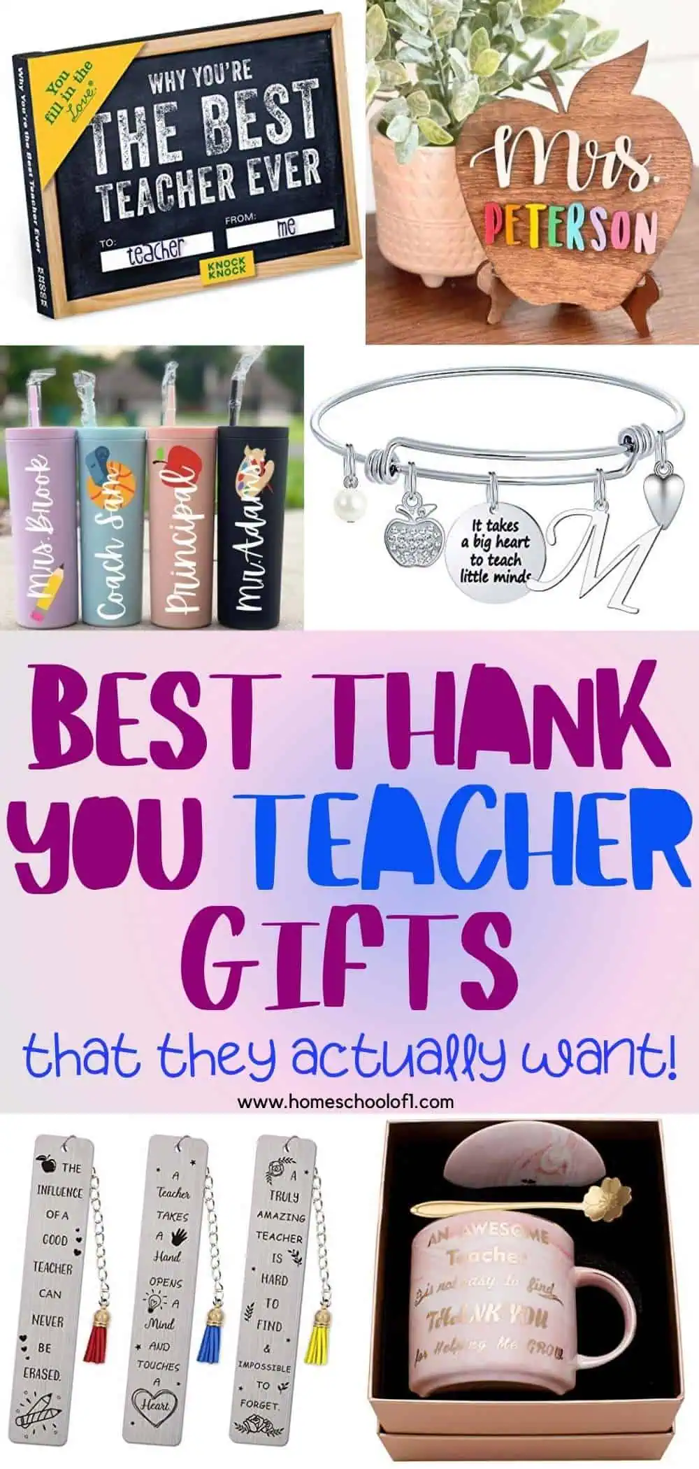 Compilation of the best thank you teacher gifts including a 'Best Teacher Ever' sign, personalized name tumblers, a charm bracelet with the quote 'It takes a big heart to teach little minds,' engraved bookmarks with inspirational quotes, and a gift set with a mug and spoon, perfect for showing appreciation to teachers