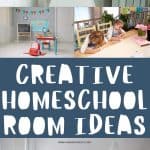 Collage of creative homeschool room ideas featuring different study setups, including a girl at a desk, a colorful classroom setting, and two children drawing at a table.