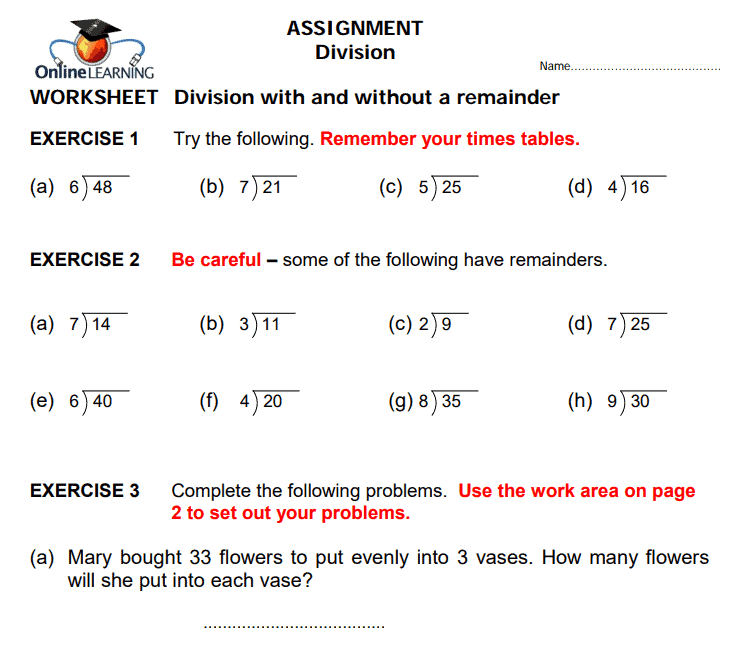 Exemplar Education Worksheet