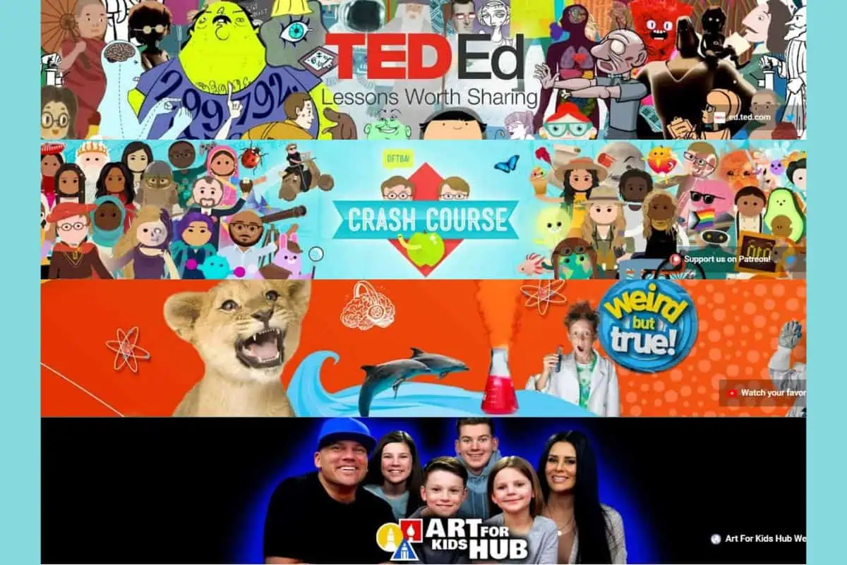 Collage of educational video series including TED-Ed, Crash Course, Weird but True, and Art for Kids Hub. Features colorful illustrations of characters and hosts, emphasizing a variety of engaging and educational content for kids.