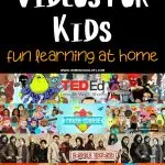 "Top 40 Educational Videos for Kids" banner with text promoting "fun learning at home" from Homeschool of 1, featuring popular educational channels like TED-Ed, Crash Course, Horrible Histories, Weird but True, Art for Kids Hub, and Blippi, with vibrant graphics and images of show hosts and characters.