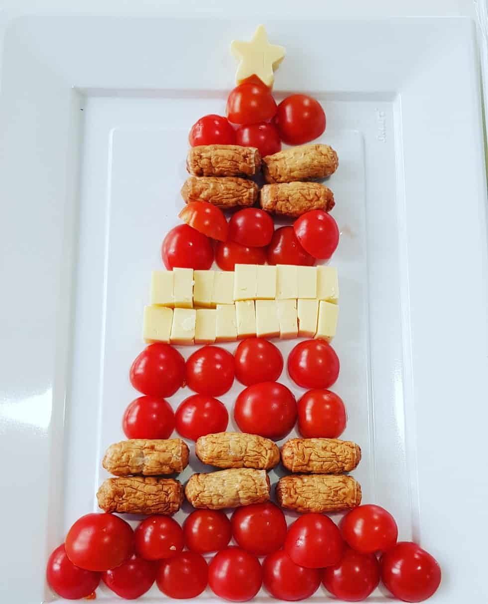 Savoury Christmas Tree Platter with sausages, cheese, and tomatoes