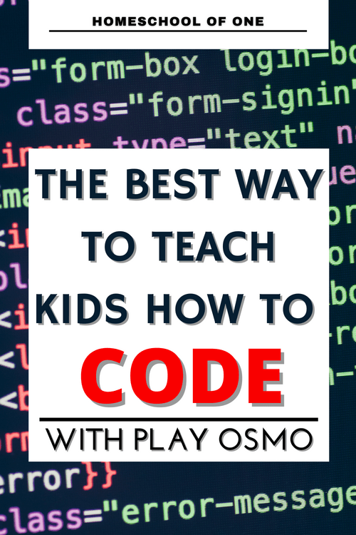 black background with coding in different colors. with the words: The best fun way to teach kids to code with Osmo Coding Starter Kits 