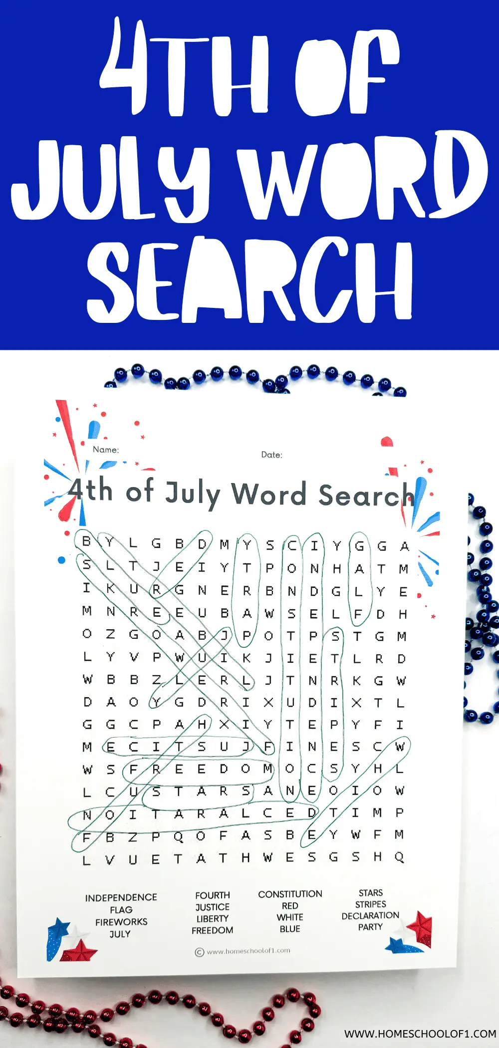 A vibrant 4th of July word search activity sheet with letters in a grid and words listed below including INDEPENDENCE, FLAG, FIREWORKS, and JULY, bordered by red and blue bead necklaces,