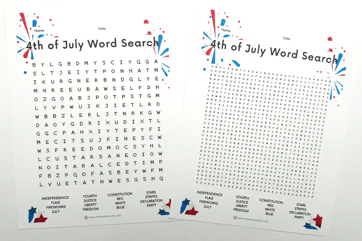 A printable variation of a 4th of July word search, featuring a different arrangement of letters in the grid with words like JUSTICE, LIBERTY, and FREEDOM listed for searching, decorated with star-shaped confetti