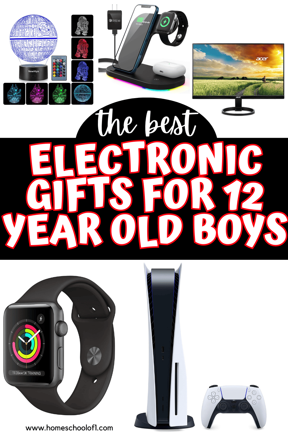 Curated selection of the best tech gifts for preteens, highlighting popular electronic gadgets like gaming monitors, smartwatches, and charging stations ideal for 12-year-old boys.