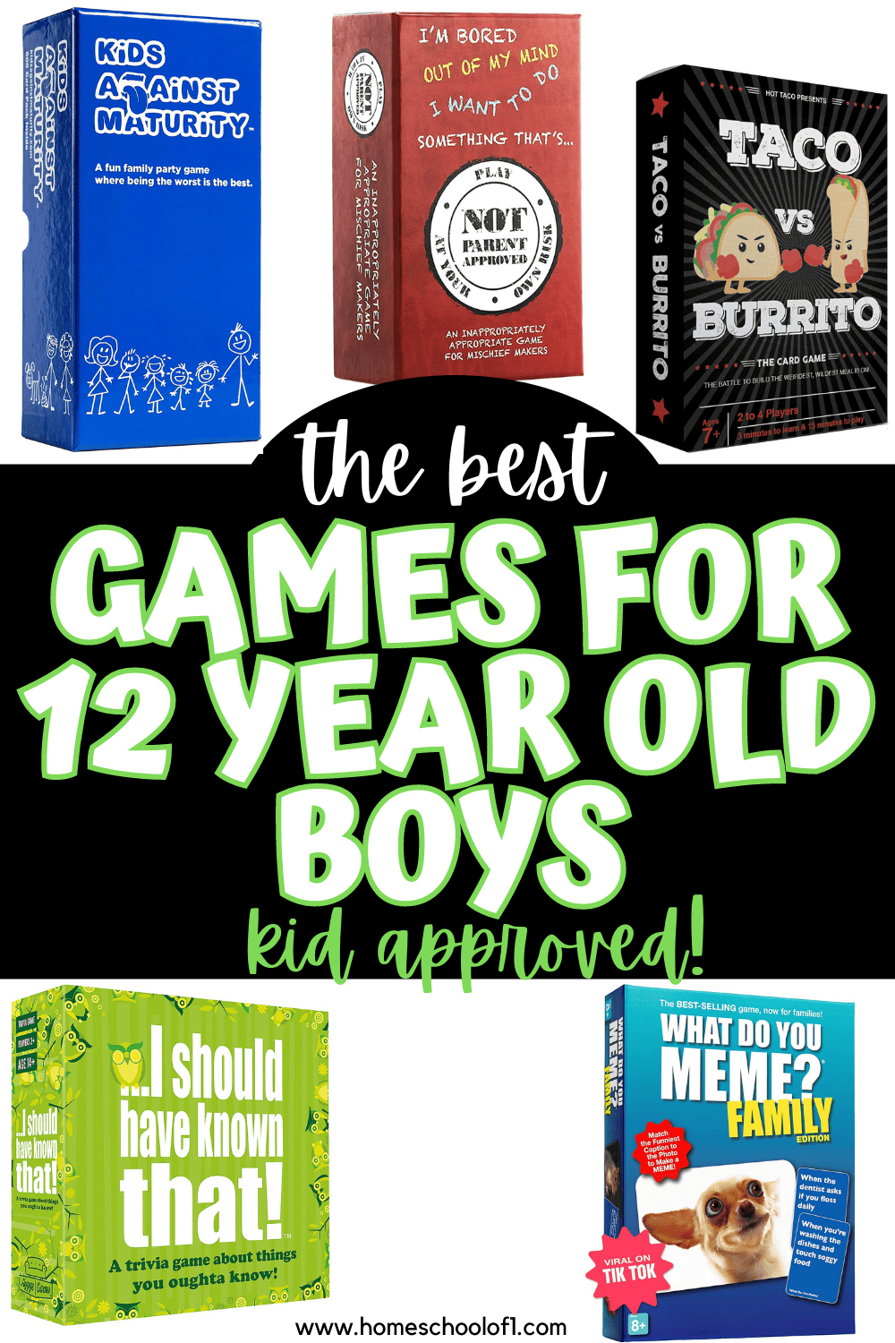 Graphic displaying the best fun board games for 12-year-old boys, showcasing boxes of family-friendly and party games that are approved by kids for entertainment.