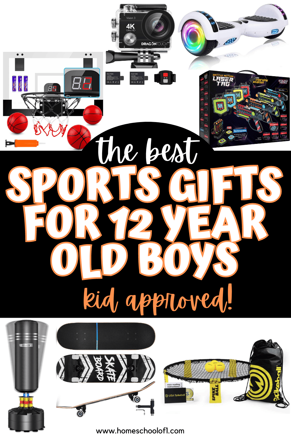 An array of the best active play gifts for 12-year-old boys, featuring sports equipment like basketball hoops, skateboards, and outdoor game sets for physical activity and play.