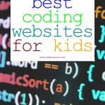 A colorful graphic with a background of computer code in various colors. In the foreground, bold text reads "best coding websites for kids" in different bright colors.