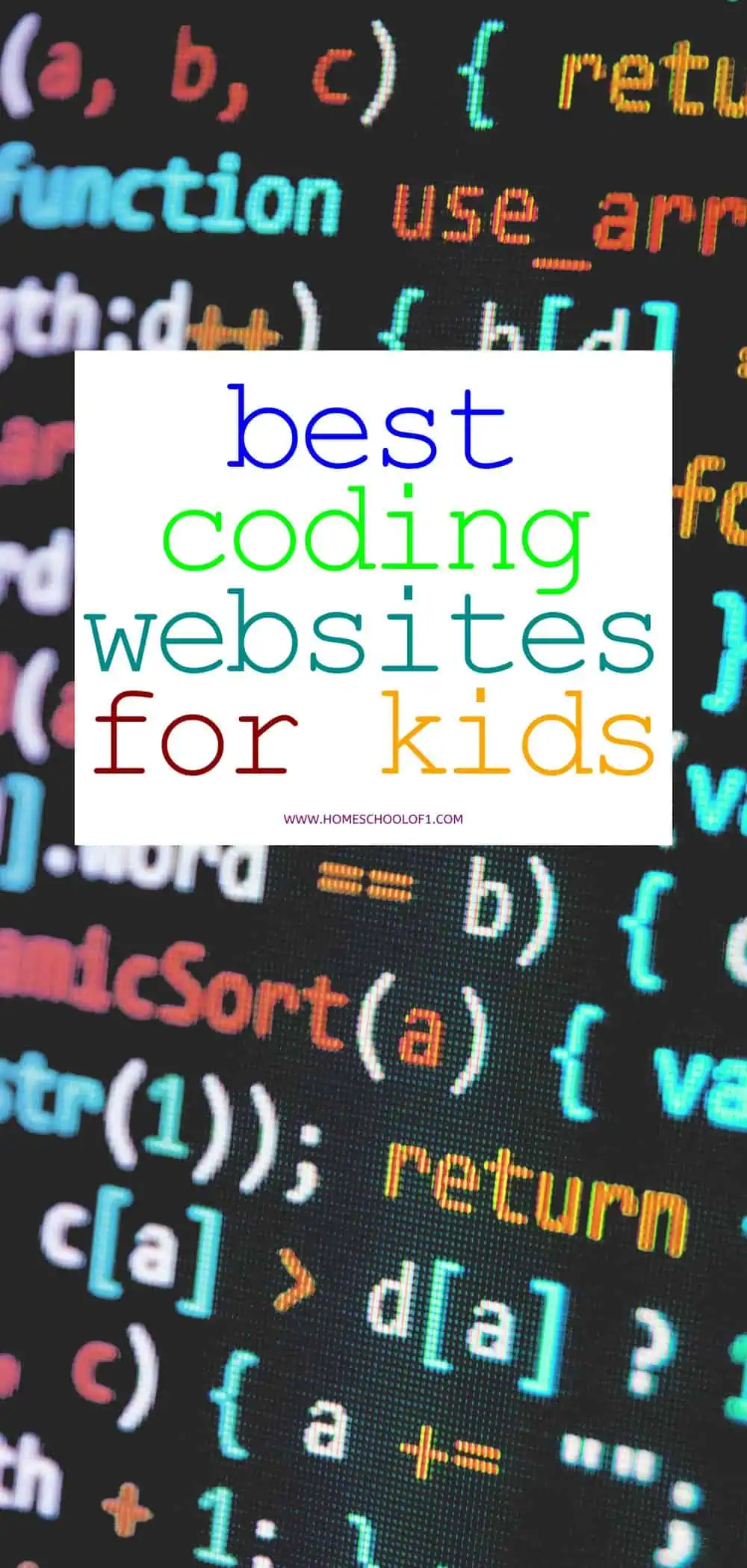 A colorful graphic with a background of computer code in various colors. In the foreground, bold text reads "best coding websites for kids" in different bright colors.