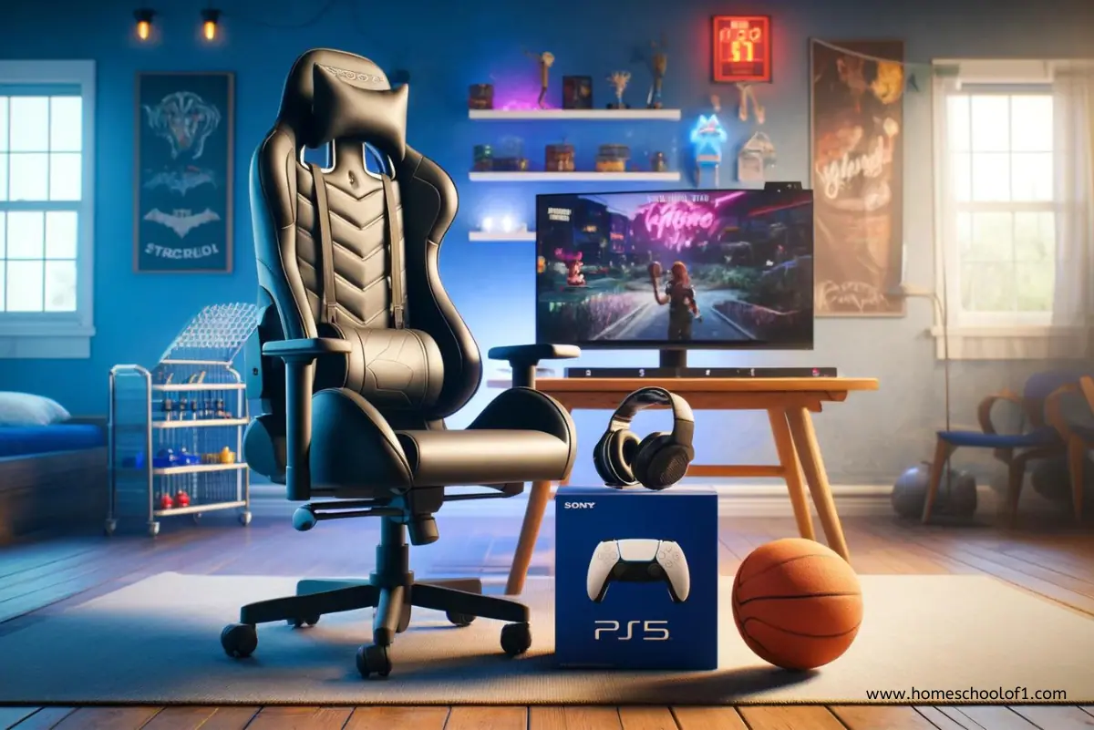 The ultimate gaming setup for young teens, featuring a high-end ergonomic gaming chair, the latest Sony PS5 console in its box, and a set of professional headphones on a wooden desk, with a basketball on the side. The room has a cozy ambiance with a blue wall, posters of popular games, and a glimpse of a pet bird cage – perfect for a 12-year-old boy's birthday or holiday gift.