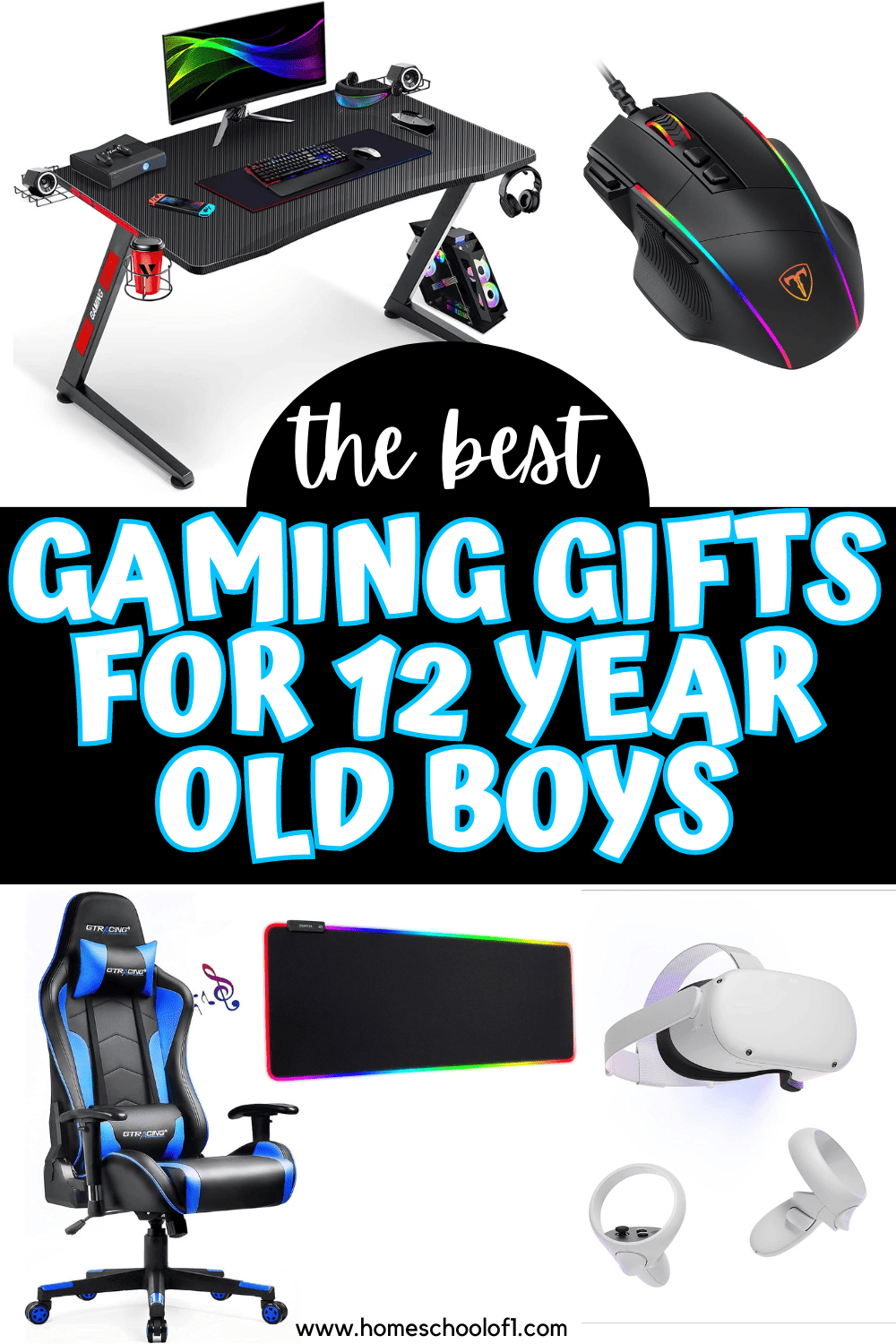 Top picks of the best gaming accessories for 12-year-old boys, displaying a gaming desk setup with monitors, gaming chairs, mice, and virtual reality gear for an immersive experience.