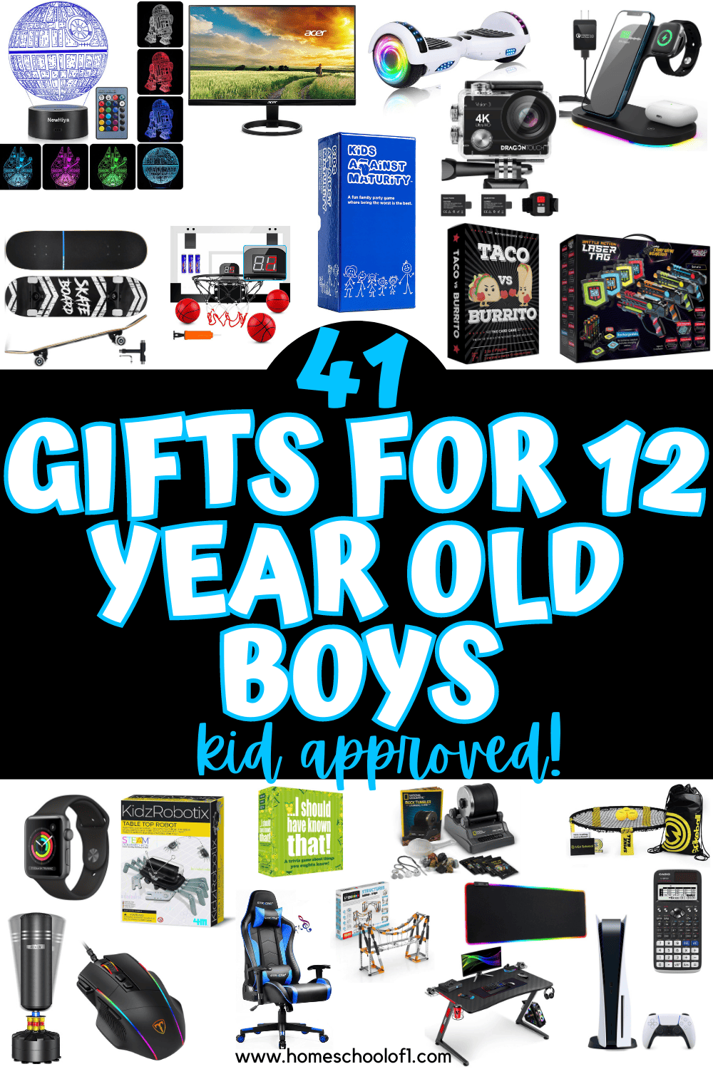 A visual compilation of 41 cool toys for boys, featuring a variety of gift ideas for 12-year-old boys including tech gadgets, board games, and sports equipment, kid-approved for fun and engagement.