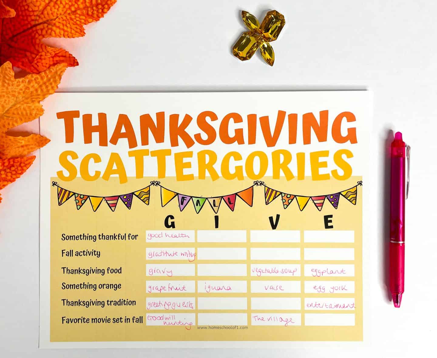 thanksgiving scattergory board