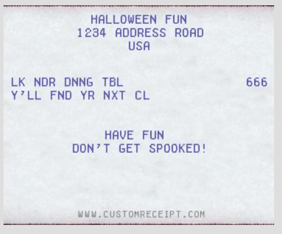 A stylized escape room clue designed to look like a receipt with cryptic text and a Halloween address, meant to guide players to their next challenge.