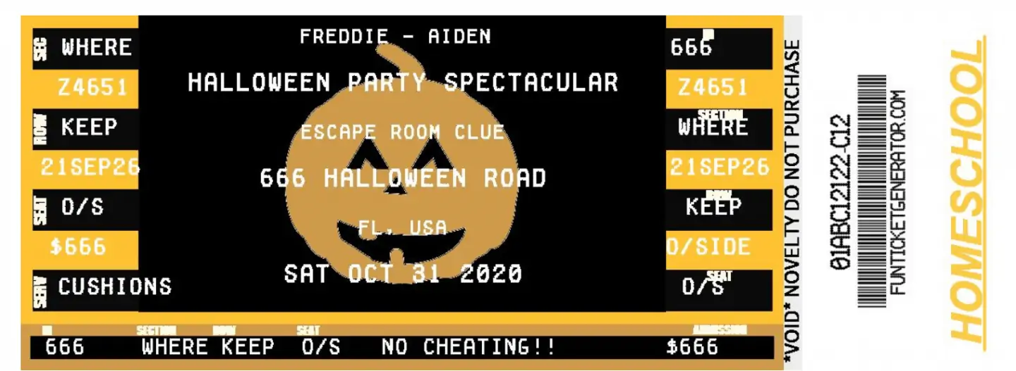 A fake event ticket serving as an escape room invitation, featuring a spooky Halloween theme with details and a cryptic code to set the stage for the game.