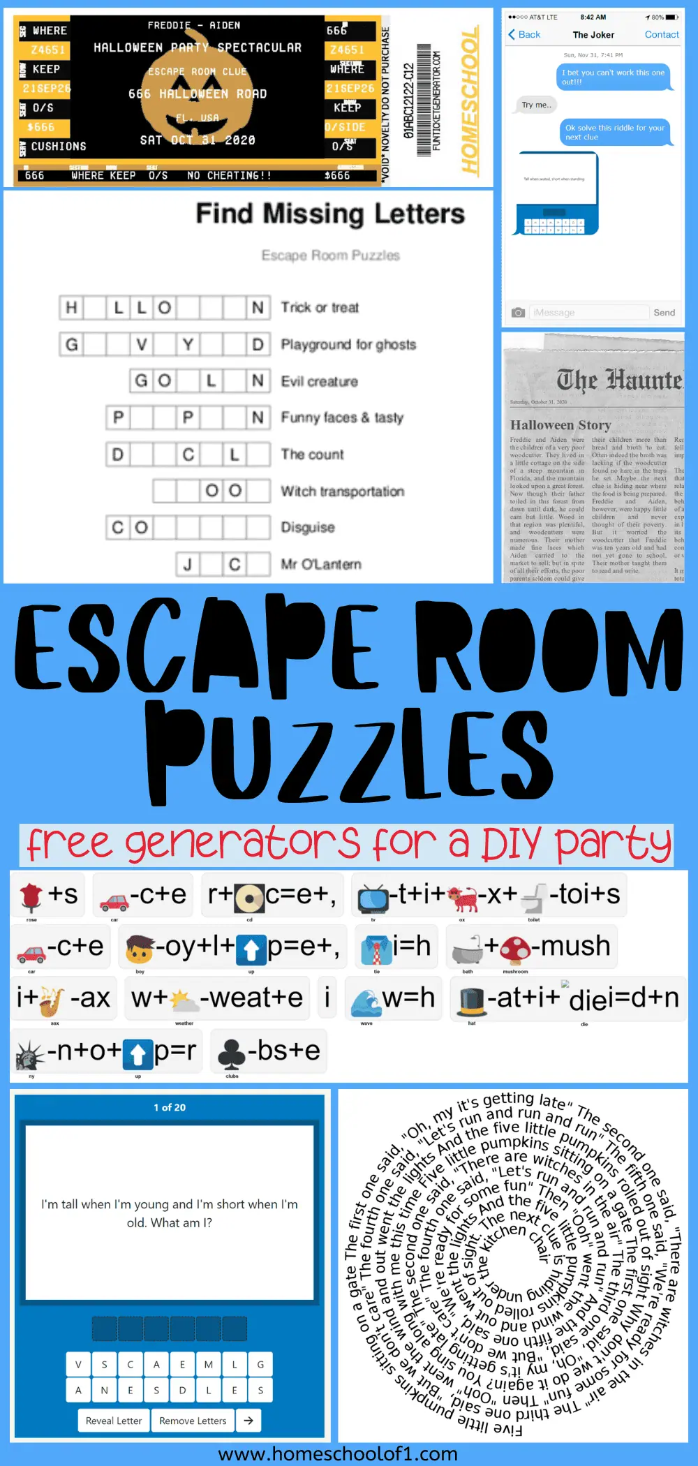 A collage of various escape room puzzles and clues for a Halloween party. The image features a ticket with Halloween party details, a chat bubble with a riddle, a word puzzle requiring missing letters to be filled in for themed phrases, rebus puzzles using emojis and symbols to represent words, and a circular text puzzle.