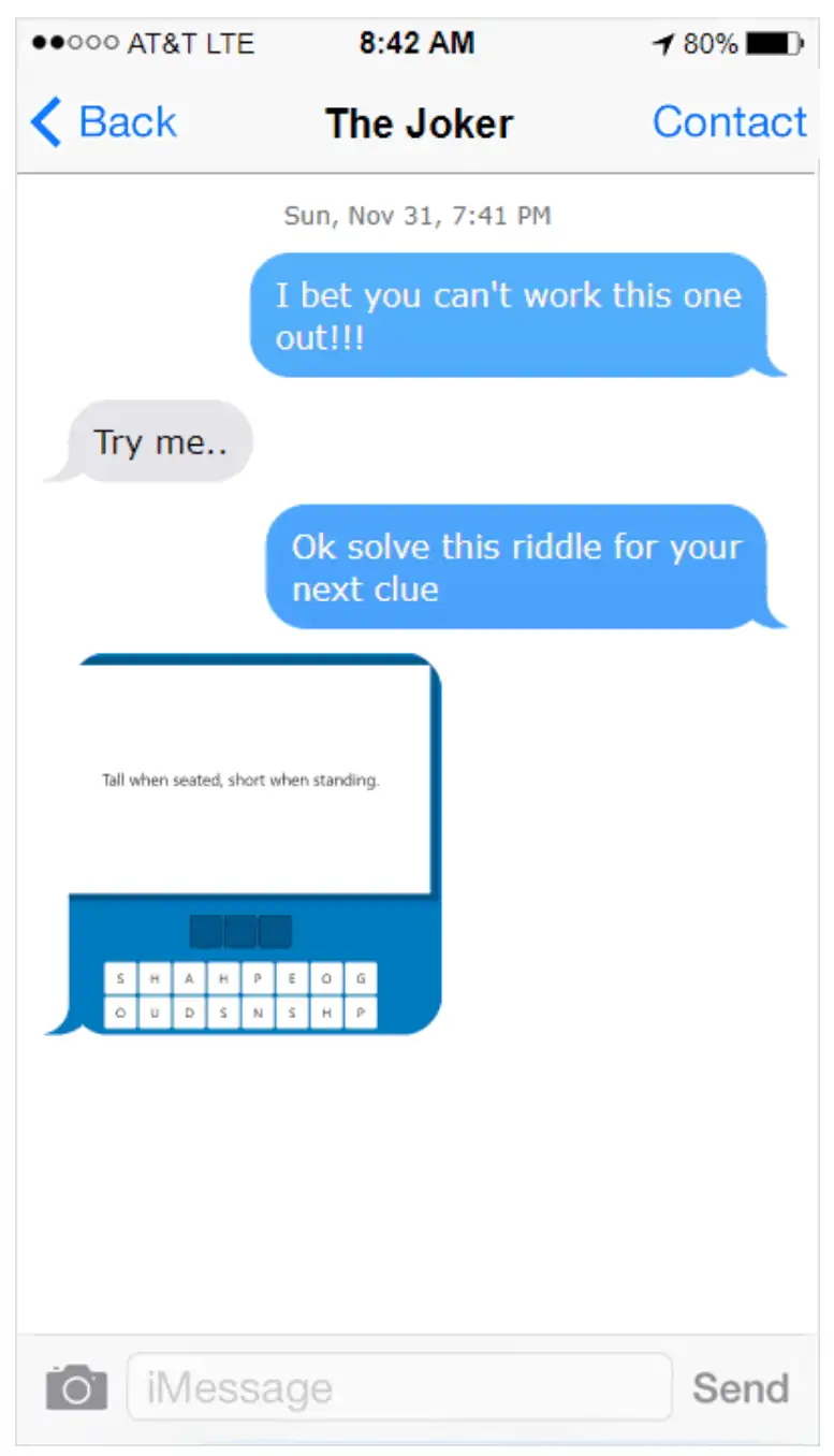 A screenshot of a text message conversation from 'The Joker' containing a riddle as part of an escape room puzzle sequence, testing players' problem-solving skills.