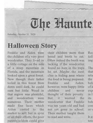 A mock-up of a Halloween-themed newspaper article titled 'The Haunted' adds a storytelling element to an escape room puzzle, with a tale of two children to enhance the game's ambiance.