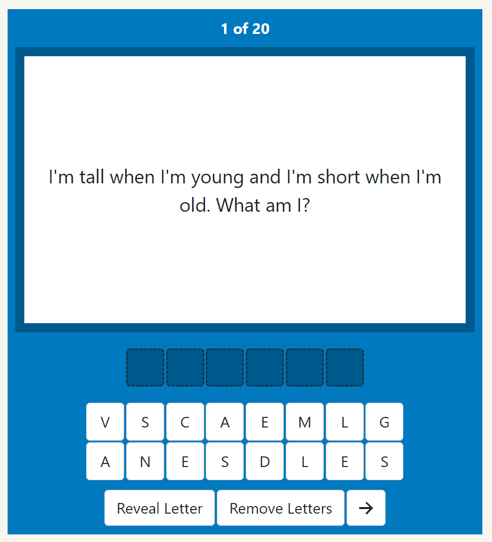 Interactive riddle puzzle from an escape room, presenting a clue 'I'm tall when I'm young and I'm short when I'm old', with a digital interface for players to input their answer.