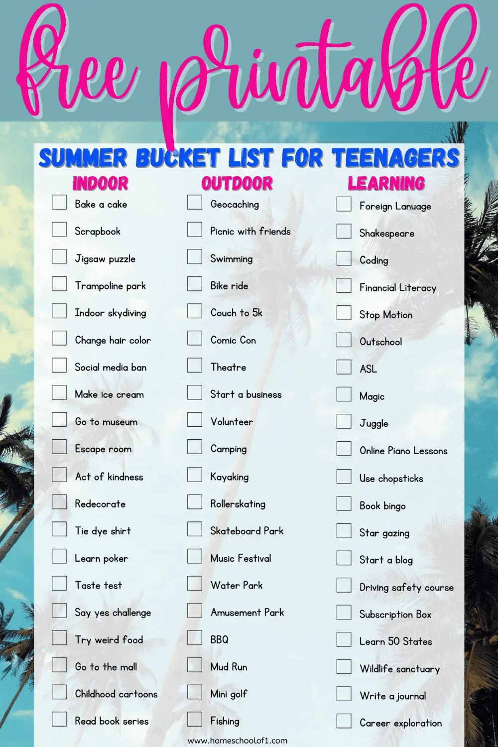 73 Summer Bucket List For Teenagers Free Printable 