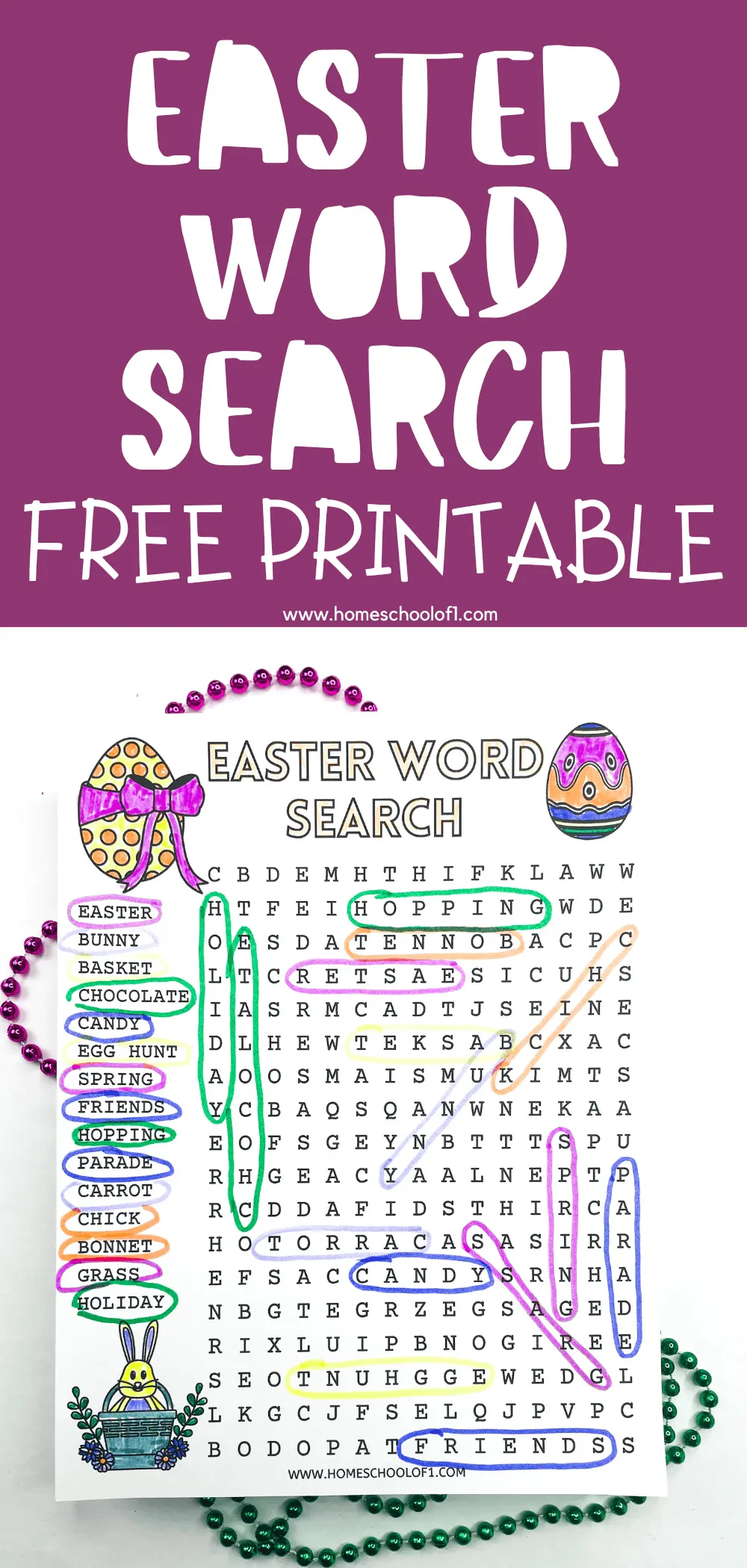 Easter Word Search Free Printable featuring a purple background with the title in large white letters. Below, a word search grid with highlighted words such as 'HOPPING,' 'EASTER,' 'CANDY,' and 'FRIENDS' next to a list of Easter-related words circled in various colors. Decorative elements include a colored egg with a bow, a happy bunny in a basket, and a string of beads. 