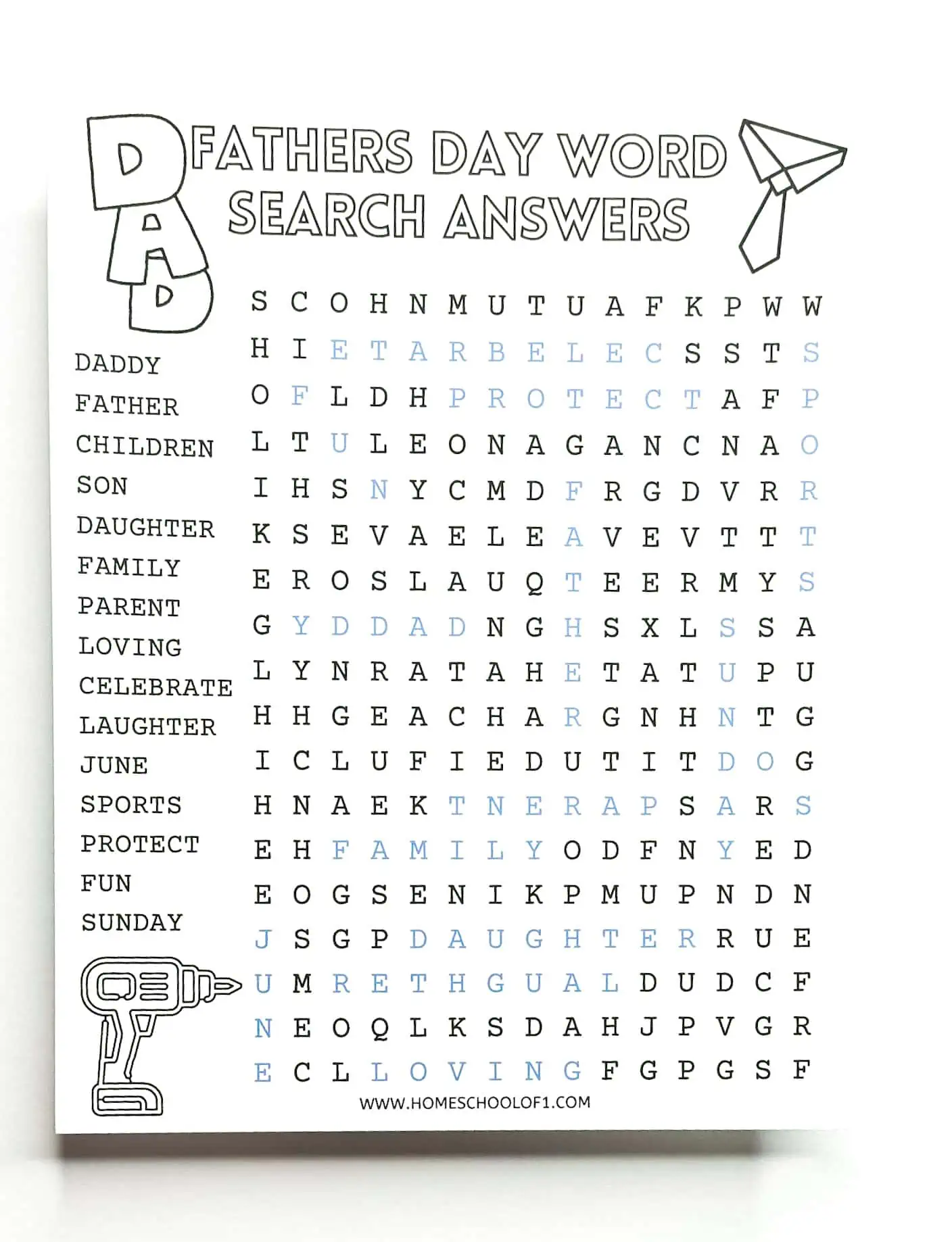 father's day word search answer sheet