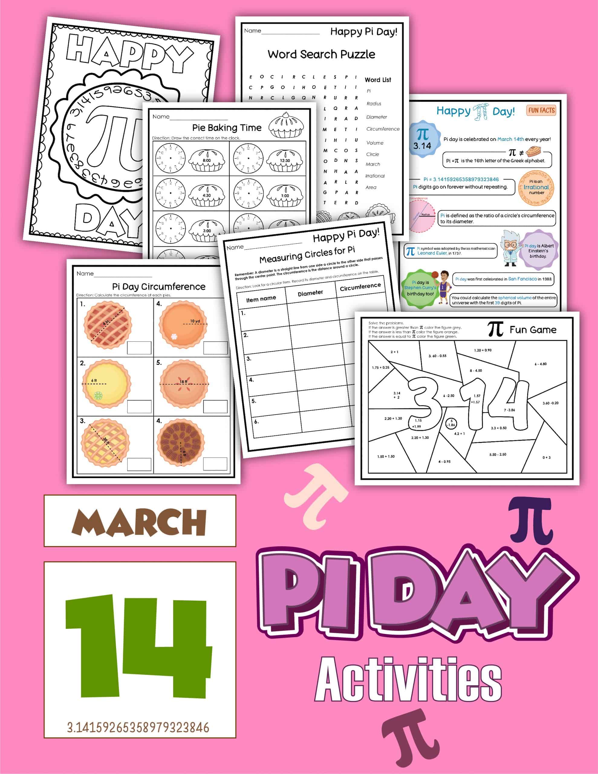 Free Pi Day Activities (7 printable worksheets)