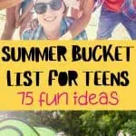 Group of teenagers smiling and posing together at the beach. The text overlay reads 'Summer Bucket List for Teens - 75 Fun Ideas.'