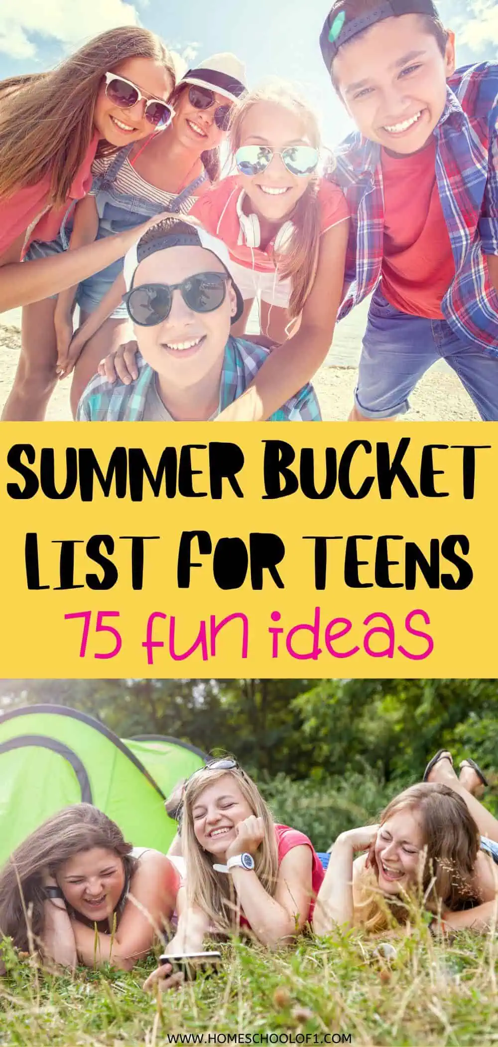 Group of teenagers smiling and posing together at the beach. The text overlay reads 'Summer Bucket List for Teens - 75 Fun Ideas.'