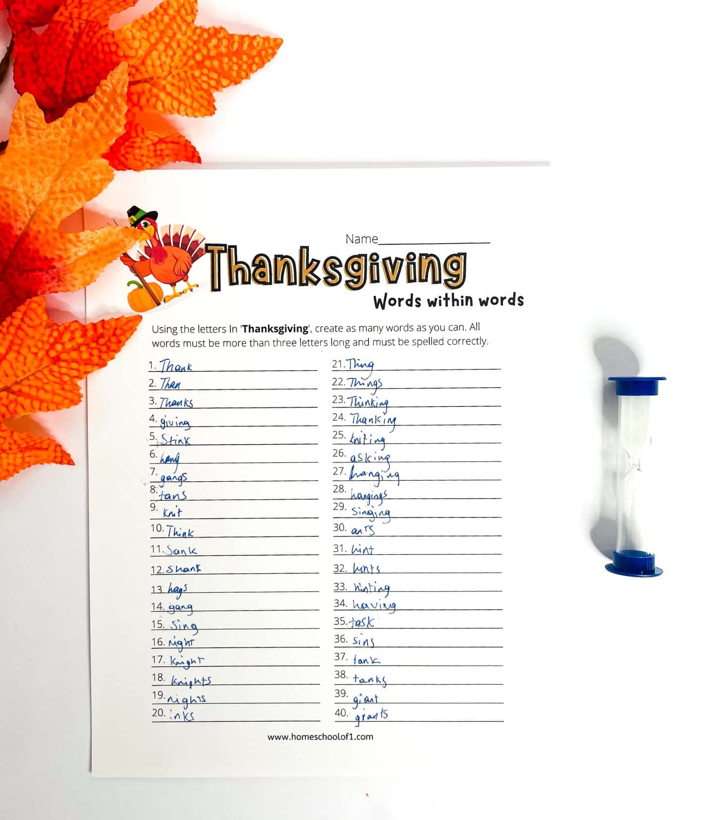 thanksgiving words within words