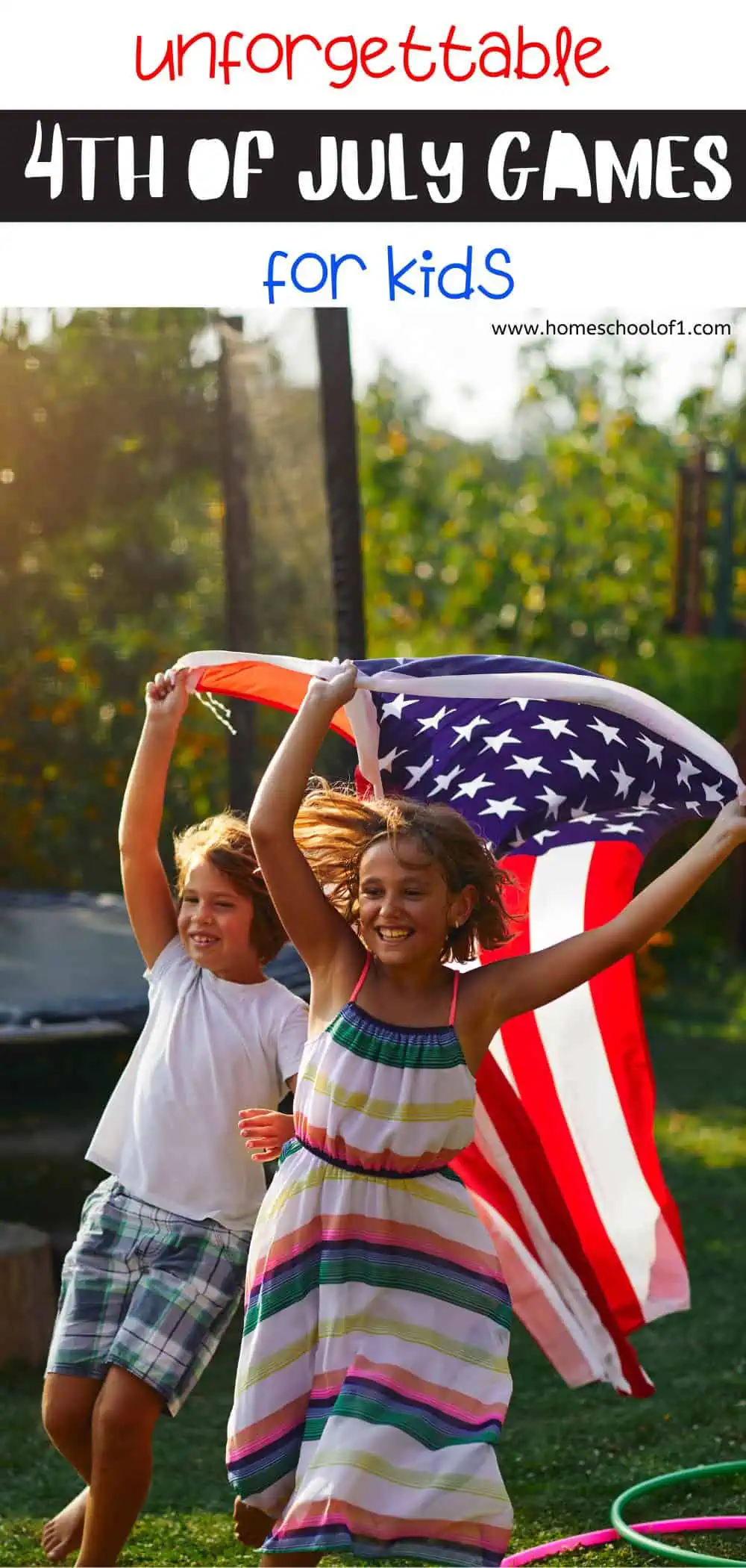 Two children joyfully running with an American flag, celebrating the 4th of July. The image promotes unforgettable 4th of July games for kids, perfect for family fun and outdoor activities. The bright summer day and festive spirit capture the essence of Independence Day celebrations