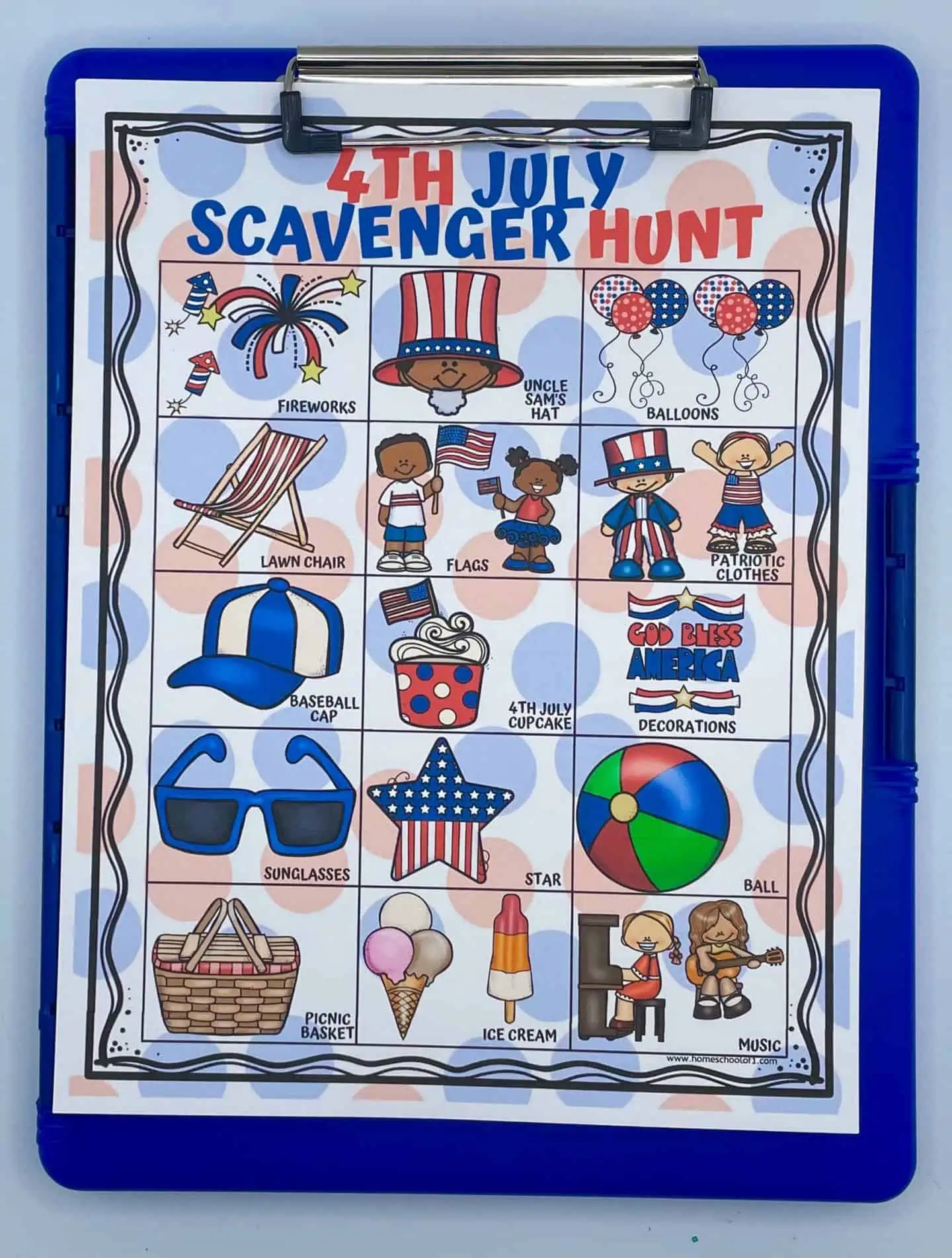 4th of july scavenger hunt on blue clipboard