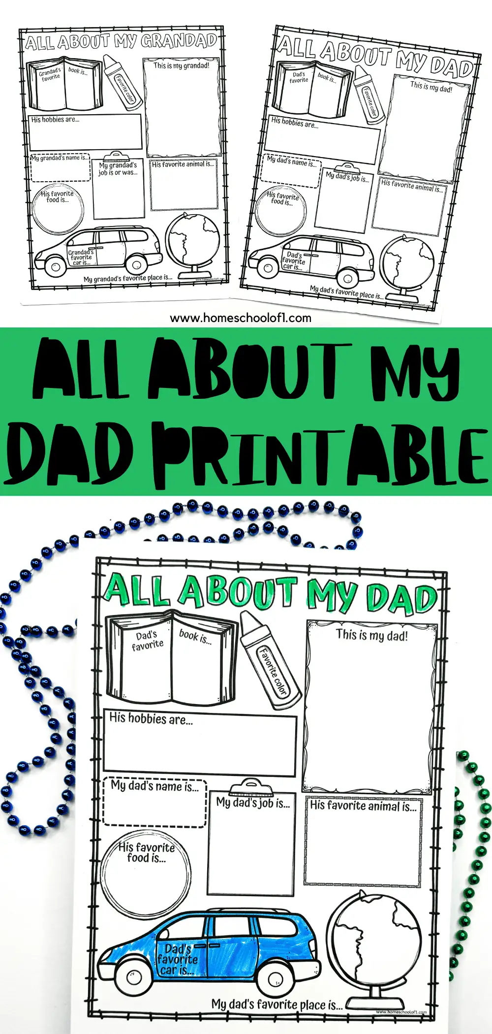 Engaging 'All About My Dad printable' worksheets with sections for kids to personalize with details about their dad's interests and favorites, perfect for Father's Day or family activities.