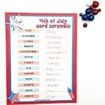 A 4th of July word scramble printable with a blue background, adorned with a bead necklace pattern, and scrambled words for festivities like 'liberty' and 'America