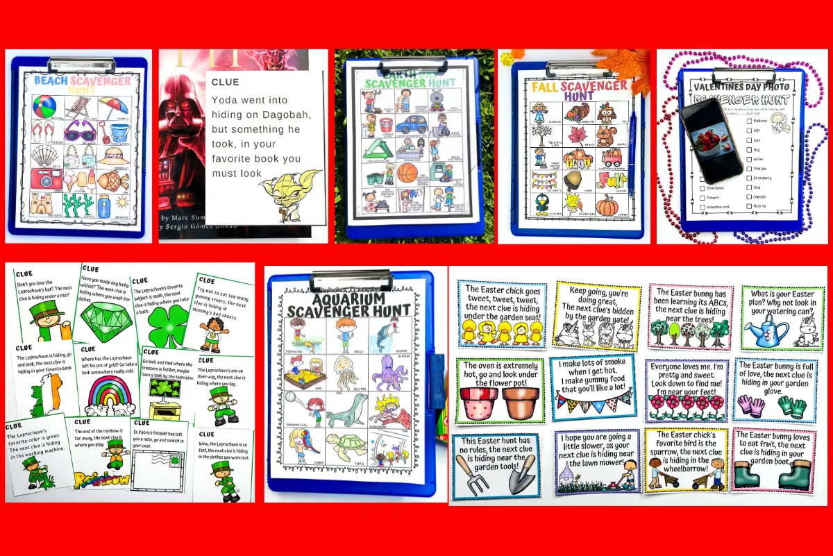 Collage of themed scavenger hunt printables including beach, sports, fall, and Valentine's Day activities with cartoon illustrations, set against a vibrant red frame.