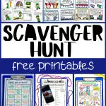 Vertical collection of scavenger hunt printables with various themes like Star Wars, St. Patrick's Day, and aquarium, and a big bold 'SCAVENGER HUNT free printables' title in the middle