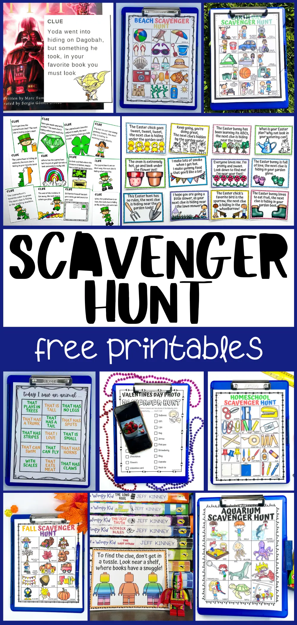 Vertical collection of scavenger hunt printables with various themes like Star Wars, St. Patrick's Day, and aquarium, and a big bold 'SCAVENGER HUNT free printables' title in the middle