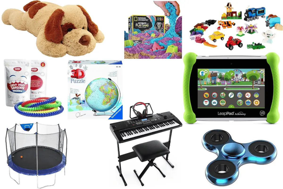 Collage of toys for kids with ADHD including a plush dog, kinetic sand, building blocks, LeapPad tablet, chewy sensory necklace, 3D puzzle globe, trampoline, keyboard with headphones and stool, and a fidget spinner.