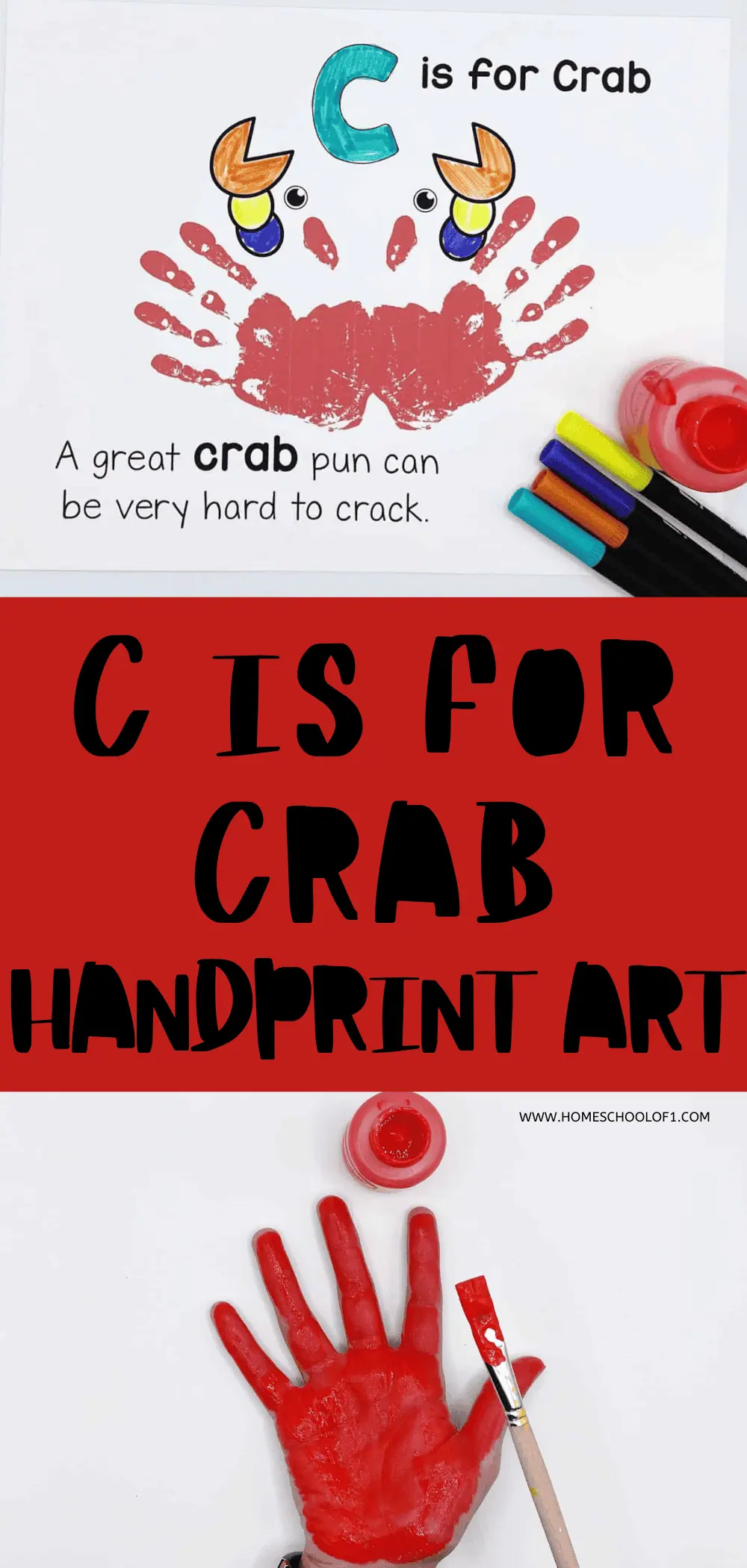 A children's educational craft showing 'C is for Crab' with a red handprint crab on white paper, accompanied by colorful markers and the pun 'A great crab pun can be very hard to crack.' Below, in bold letters on a red background, 'C IS FOR CRAB HANDPRINT ART