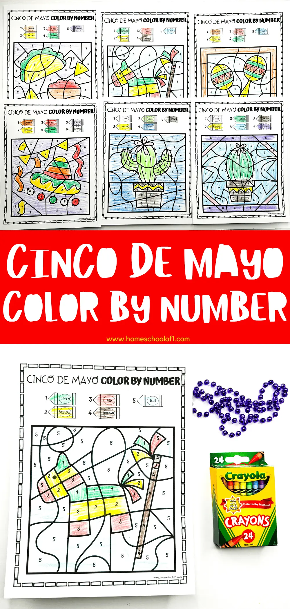 Printable Cinco de Mayo color by number activity sheets featuring images of a sombrero, cacti, maracas, and Mexican flag, with color keys for kids' educational fun.