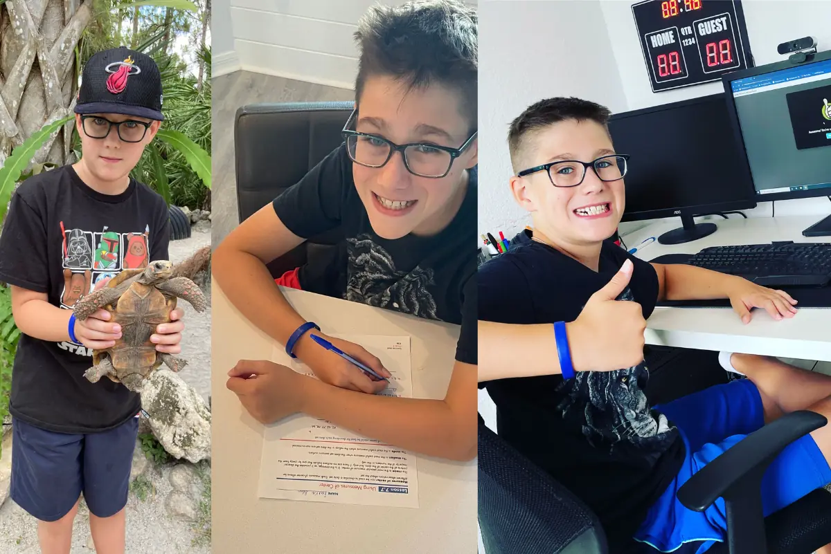 A collage of three photos showing a boy engaging in various homeschool activities: holding a turtle outdoors, smiling while writing at a desk, and giving a thumbs up in front of a computer setup, representing different homeschool styles.