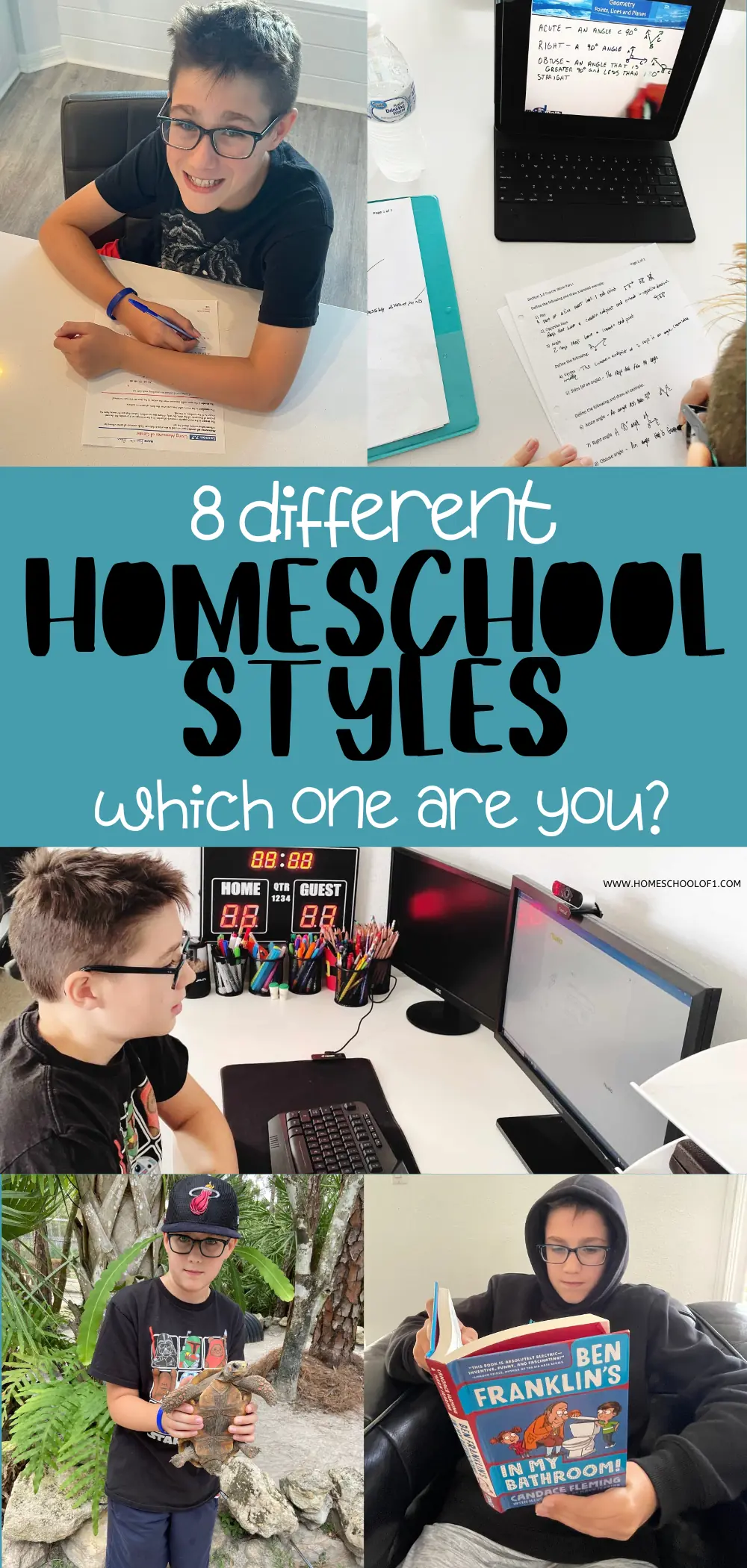 An infographic titled '8 different HOMESCHOOL STYLES - which one are you?' with images of a boy studying at a desk, working at a computer, holding a turtle, and reading a book, highlighting the diversity of homeschool methods.