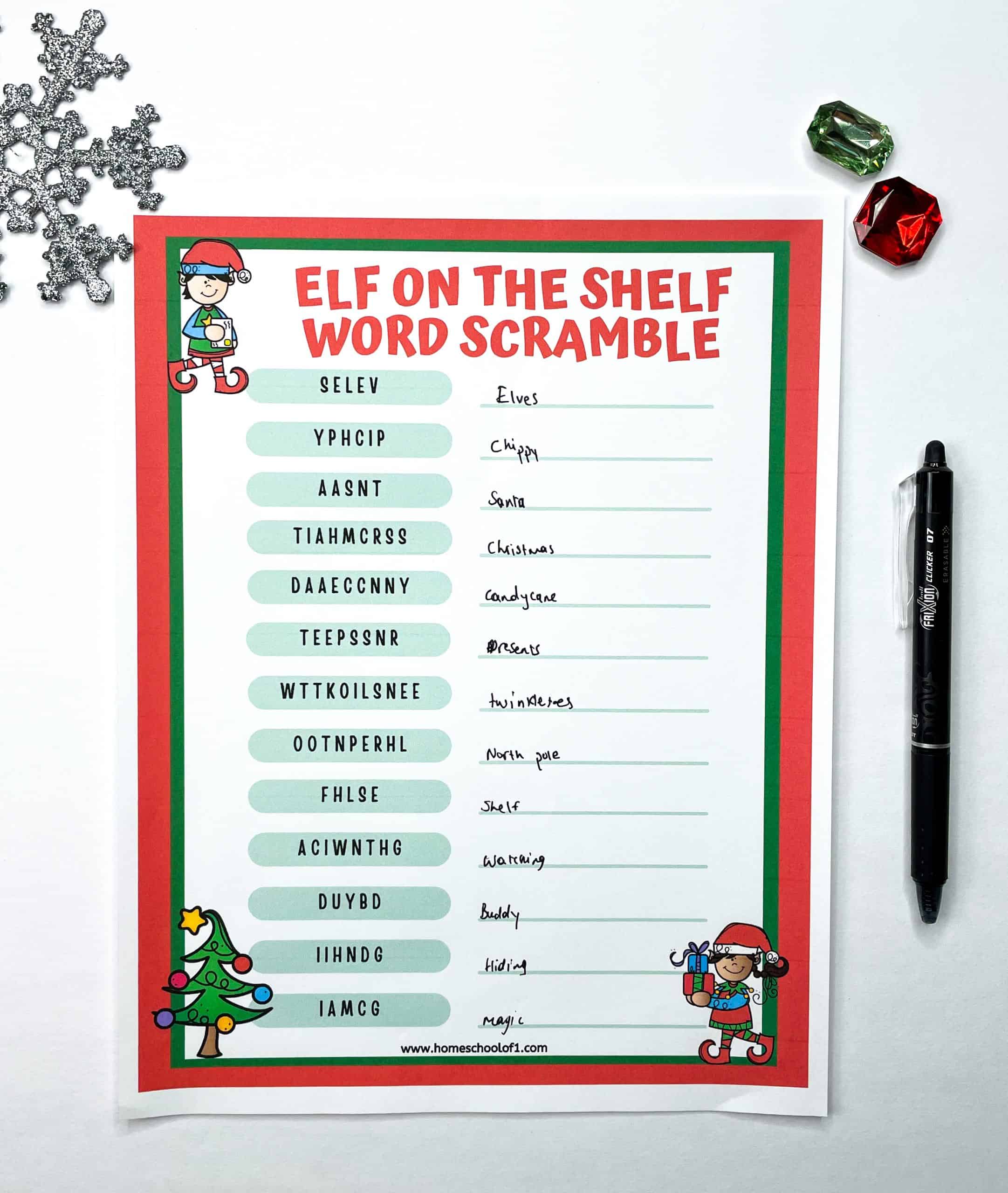 Elf on the Shelf Word Scramble (easy & hard version)