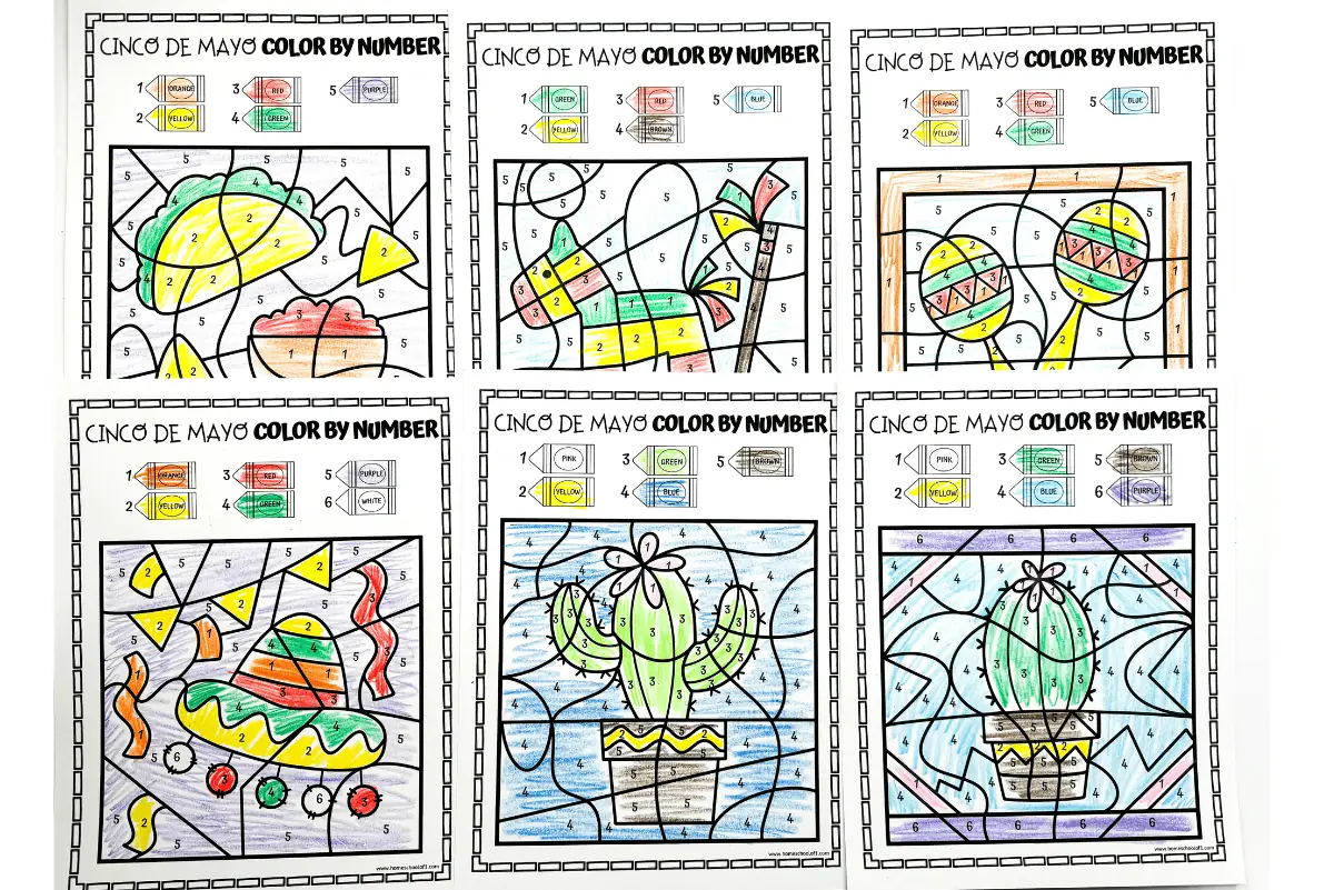 Free downloadable Cinco de Mayo color by number worksheets with vibrant illustrations of maracas, a cactus, and a sombrero, perfect for preschoolers to celebrate and learn.