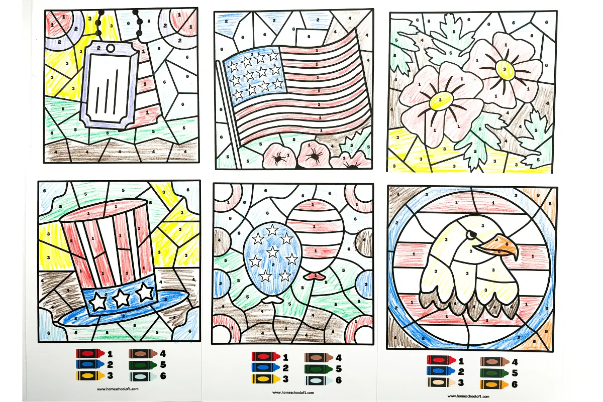 Color by number worksheets with a Memorial Day theme, designed to be educational and engaging for children. Images include a variety of patriotic icons such as the American flag, a bald eagle, and poppies, reflecting the spirit of remembrance and honor associated with the holiday.