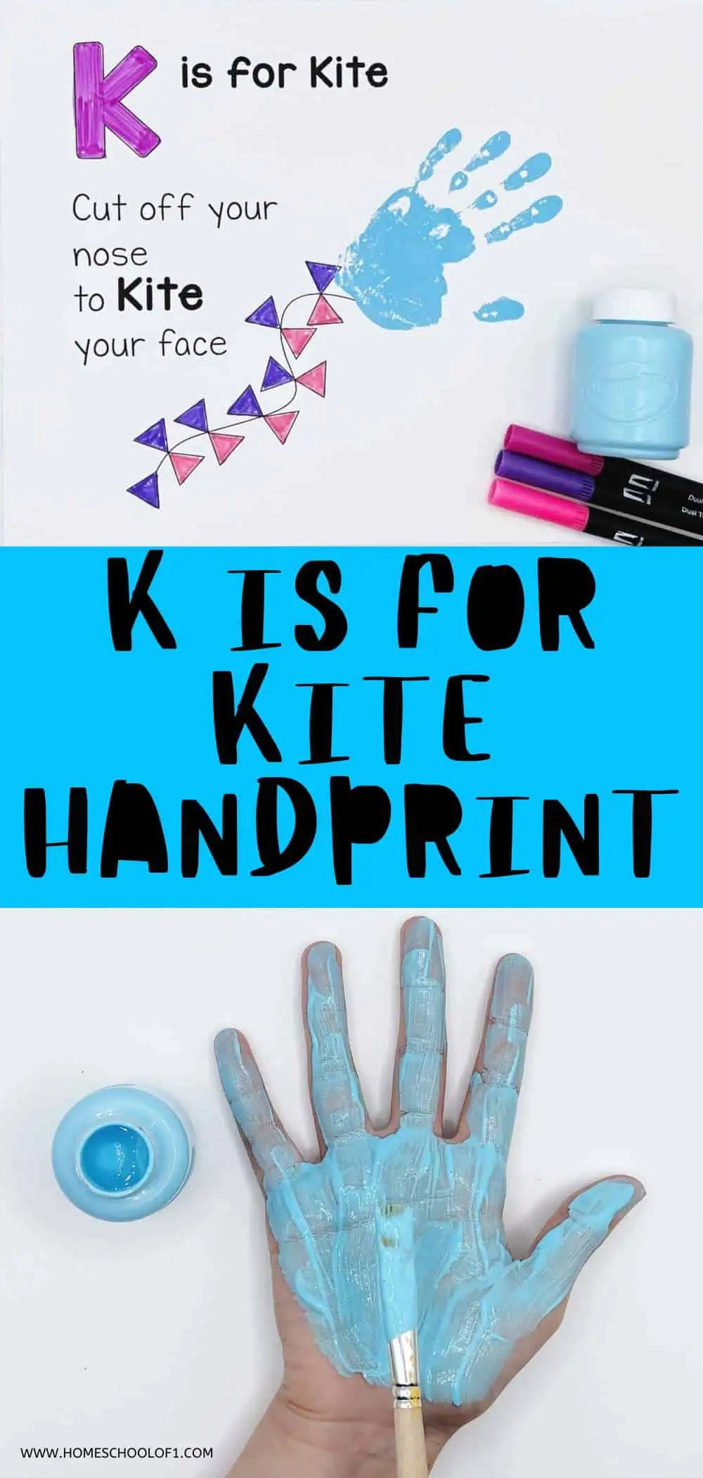 Craft activity for kids titled 'K is for Kite Handprint.' The top section shows 'K is for Kite' with a handprint painted blue, and a kite illustration. The middle section has the text 'K is for Kite Handprint' in bold letters on a blue background. The bottom section shows a hand being painted blue with a brush next to a bottle of blue paint and markers.