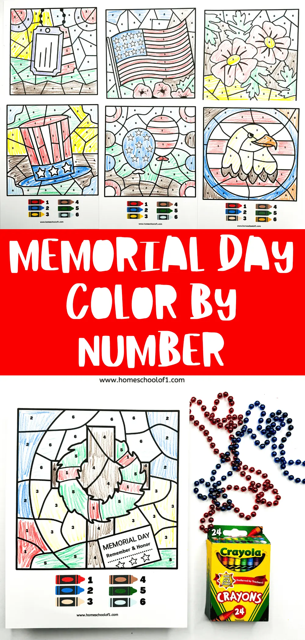 Alt text for 'memorial day color by number worksheets.png': "A selection of Memorial Day-themed color by number worksheets that have been filled in, featuring patriotic symbols such as the American flag, a memorial headstone, Uncle Sam's hat, balloons, and an eagle, along with a coloring guide. These activities offer a fun and engaging way for children to learn about Memorial Day while practicing their coloring skills.